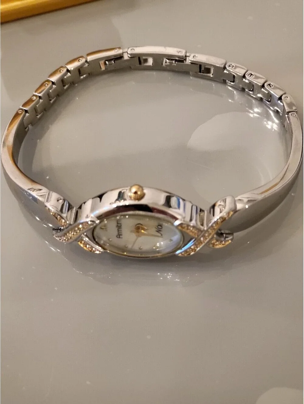 Armitron Now Watch Women 20mm Silver Oval MOP Dial Crystals New Battery 7.25